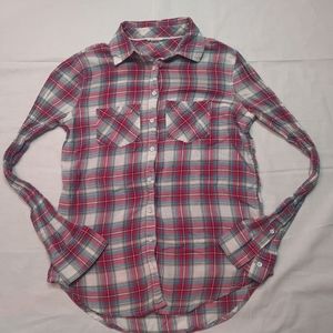 Aeropostale Flannel Shirt Women's Small Plaid Pink Blue White Button Down Top
